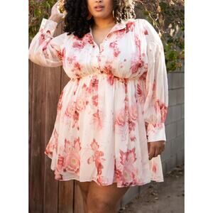 Sante Grace Vetements Mini Dress Sheer Pink Floral Empire Waist Long Sleeve